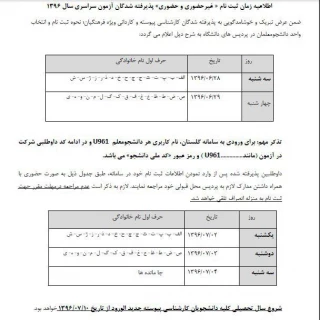 اطلاعیه زمان ثبت نام غیرحضوری و حضوری پذیرفته شدگان آزمون سراسری سال 1396