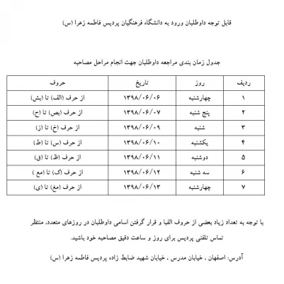 جدول زمان بندی مراجعه داوطلبان جهت انجام مراحل مصاحبه