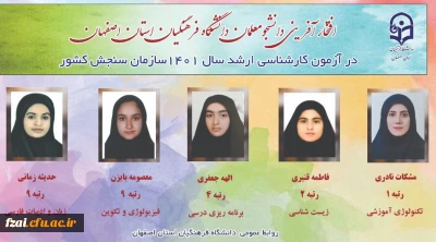 افتخار آفرینی دانشجویان دانشگاه فرهنگیان اصفهان در آزمون کارشناسی ارشد سال 1401سازمان سنجش کشور